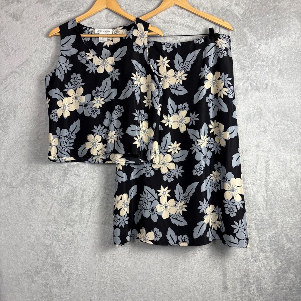 Vintage Jones New York Skirt Set 12/14W Silk Black Blue Floral Sleeveless Midi